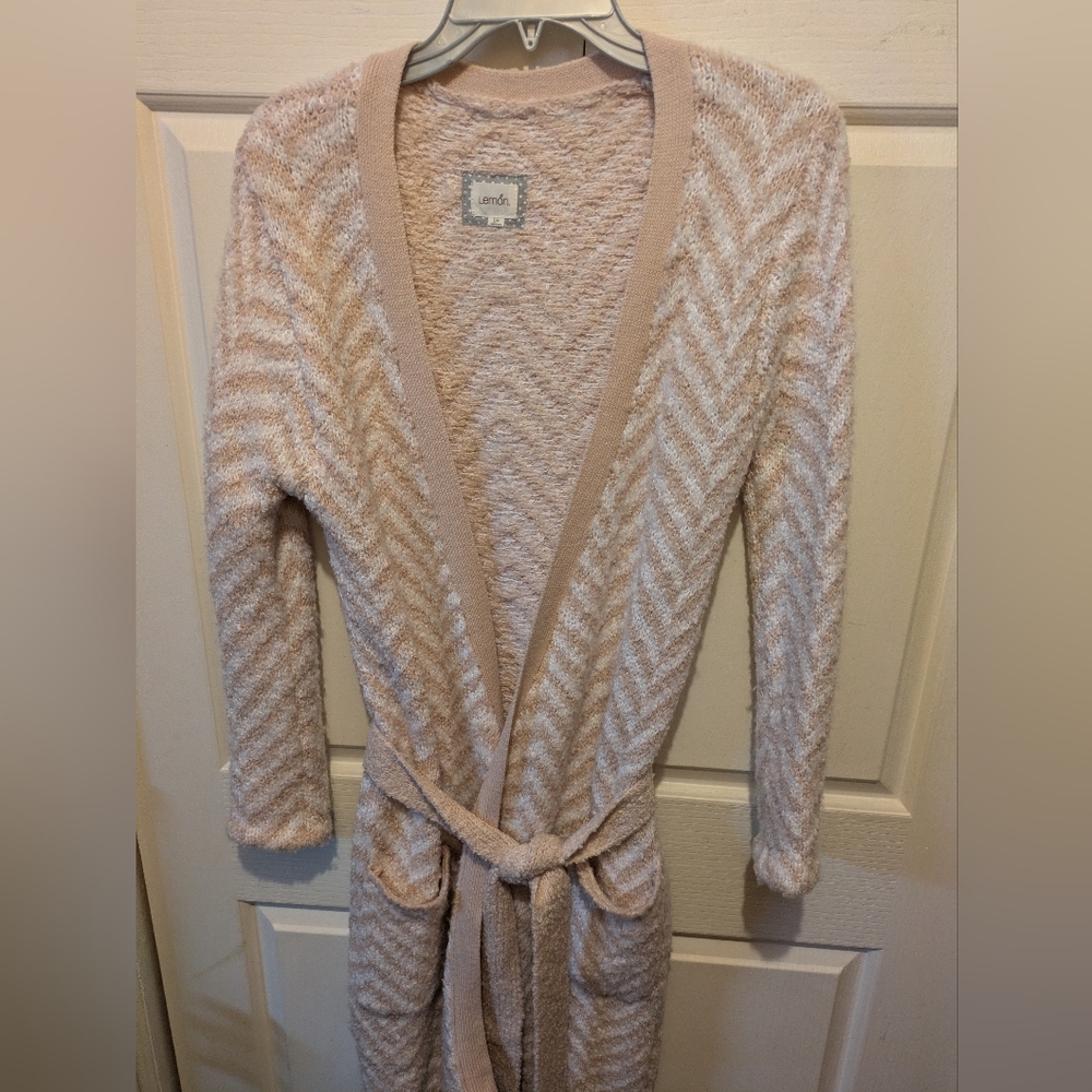 Lemon Brand Cozy Pink Cream Chevron Bathrobe With Tie Belt Size Small
